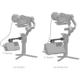 Two gray product renderings on a white background showing a gimbal-mounted camera setup with an attached monitor. The left version is labeled '7" Monitor' and says 'For DJI RS 3'; the right version is labeled '5" Monitor' and says 'For DJI RS 3 Pro'.