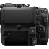 Back view of a black camera body with various control buttons and ports on a white background