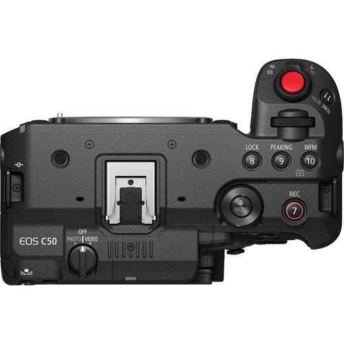 Back view of a camera with control dials and buttons on a white background