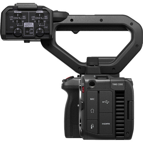 Black video camera with control panel on a white background