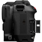 Black camera body with textured grip and open battery compartment on a white background