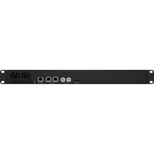 Black electronic device with various ports on a white background