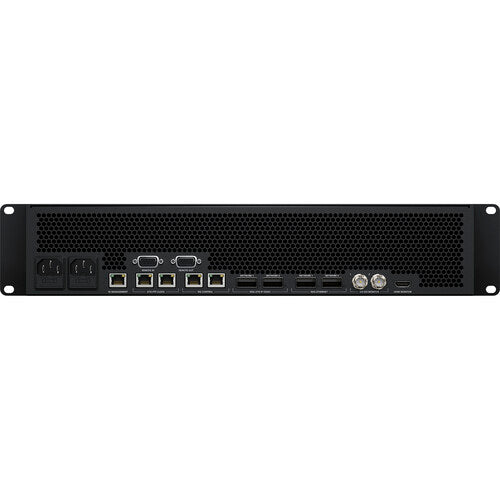 Black electronic equipment with various ports on a white background