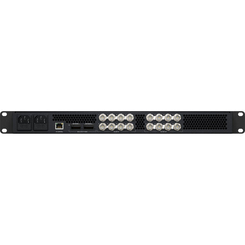 Black electronic device with LED indicators on a white background