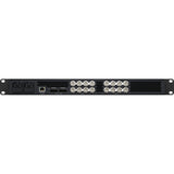 Black electronic device with LED indicators on a white background