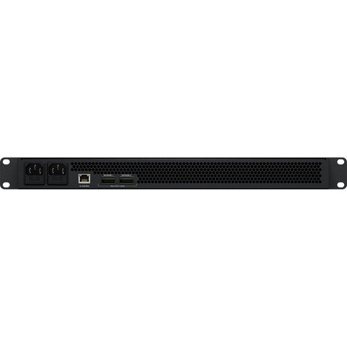 Side view of a black electronic device with purple accents on a white background