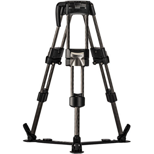 A carbon fiber tripod with black plastic joints and accessories, shown fully extended on a solid white background.