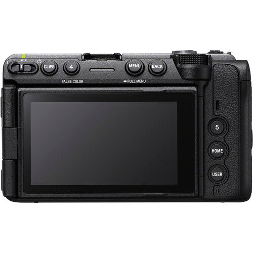 The rear view of a black digital camera showing its control buttons and LCD screen on a solid white background.