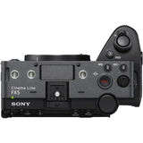 Sony Cinema Line FX5 mirrorless camera body shown from a top-down view, featuring a dark gray textured grip, black controls, and white branding on a clean white background.