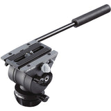 A black Duxmao dual head fluid head camera tripod mount with a long handle and textured grip, shown on a solid white background.