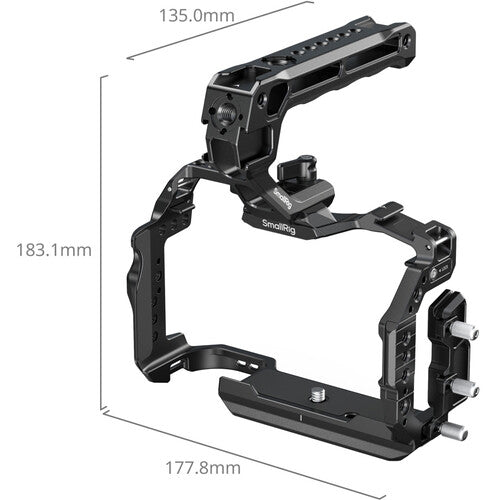 Camera cage with dimensions labeled on a white background