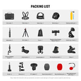 A packing list infographic showing multiple camera accessories arranged in a grid with labels underneath each item, including a carry case, chest strap, head strap, wrist strap, floating handle grip, selfie stick, mini tripod, pouch, magnetic quick release adapter mount, suction cup mount, bicycle handlebar mount, J hook buckle, curved buckle, flat mounting bracket, clamp, screw, pivot arm, 1/4 adapter, round strap buckle, round adhesive pad, and a red loop accessory.