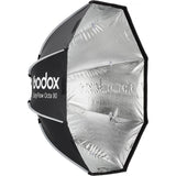 Godox EasyFlow Octa 90 softbox studio light with a black fabric outer canopy and a highly reflective silver interior reflector, shown on a plain white background.