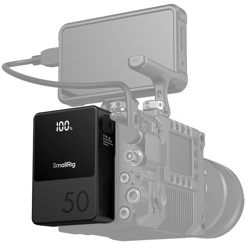 SmallRig power bank attached to a camera on a white background