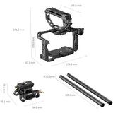 Black metal camera cage kit with dimension annotations showing the main cage, mounting plate, quick-release clamp, and two carbon fiber rods on a white background.