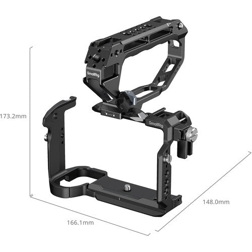 Black SmallRyze camera cage shown on a white background with dimension lines and measurements: 173.2mm height, 166.