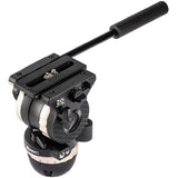 A black and silver camera tripod head with a textured black handle, shown on a solid white background.