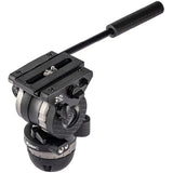 A black and silver fluid head tripod ball head with a horizontal handle, shown on a solid white background.