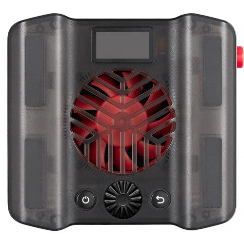 Black electronic device with red central component on a white background