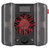 Black electronic device with red central component on a white background