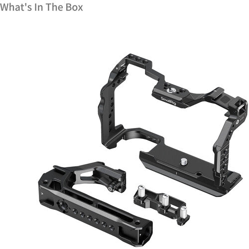 Black camera cage and accessories on a white background