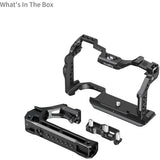 Black camera cage and accessories on a white background