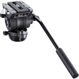 A black camera fluid head with a long carrying handle and textured grip, shown on a plain white background.