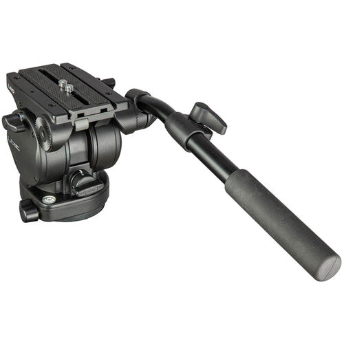 A black camera tripod head with a vertical handle grip, shown on a solid white background.