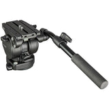 A black camera tripod head with a vertical handle grip, shown on a solid white background.