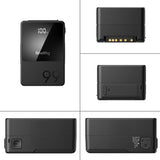 Black battery pack with digital display and multiple angles shown on a white background