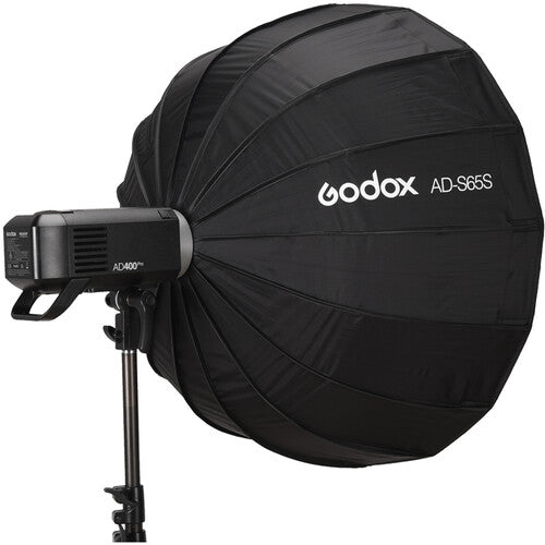 Black Godox AD-S65S softbox with flash unit on a white background