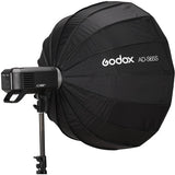 Black Godox AD-S65S softbox with flash unit on a white background