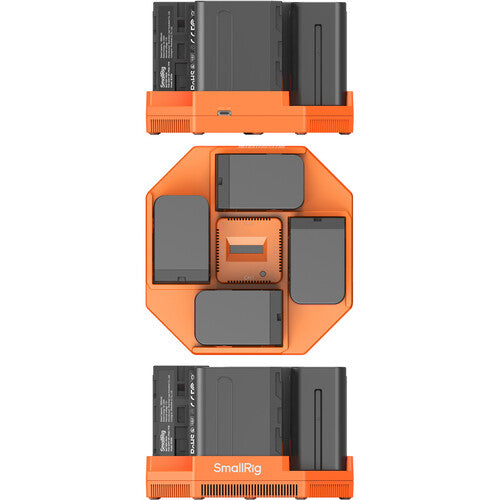 An orange and black SmallRig multi-battery charger or battery storage unit shown from three angles on a white background, with the brand name SmallRig visible on the front.