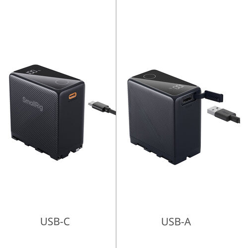Two black battery packs with USB-C and USB-A cables on a white background