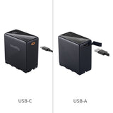 Two black battery packs with USB-C and USB-A cables on a white background