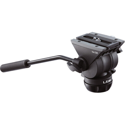Liberty Th-2B fluid video camera head in matte black, featuring a long handle and a quick-release platform, shown on a solid white background.