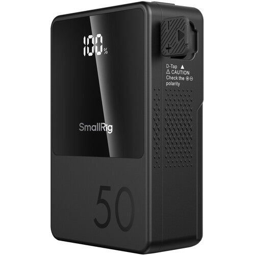 SmallRig 50W portable power bank in matte black, featuring a digital display showing 100% charge, a side port with polarity indicators, and a textured grip.