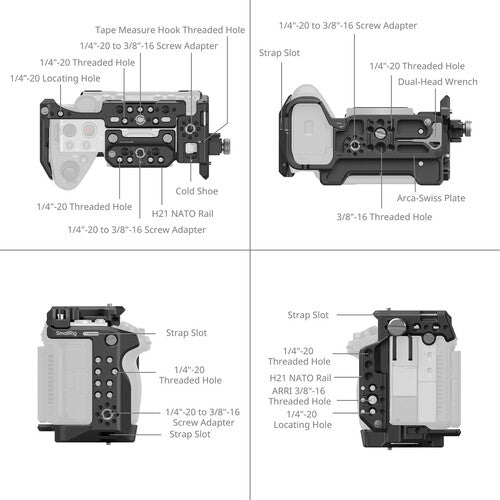 A four-panel technical diagram showing labeled side and front views of a camera rig with threaded holes, screw adapters, strap slots, and other hardware annotations on a white background.