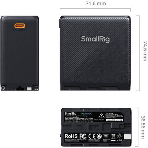 Black battery with SmallRig branding and dimensions displayed