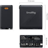 Black battery with SmallRig branding and dimensions displayed