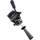 A black camera tripod ball head with a separate textured handle removed and placed beside it, shown against a plain white background.