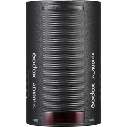 A black Godox AD100 Pro II portable light modifier with a textured cylindrical body, white branding text, and a red illuminated status light at the bottom, shown on a plain white background.