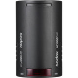 A black Godox AD100 Pro II portable light modifier with a textured cylindrical body, white branding text, and a red illuminated status light at the bottom, shown on a plain white background.