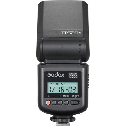 Godox camera flash with digital display on a white background