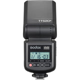 Godox camera flash with digital display on a white background