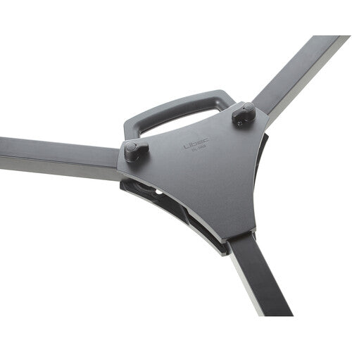 Gray metal stand with a handle on a white background