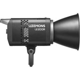 A black Litemons LE300R studio light with a conical reflector and mounting bracket, shown from a side profile on a white background.