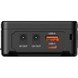 The back of a black rectangular electronic device showing port labels: 8V OUT, 12V OUT, USB-A, and USB-C, with orange-colored port interiors on a white background.