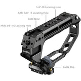 SmallRig camera rig base plate with labeled callouts for ARRI 3/8"-16 locating holes, a 1/4"-20 locating hole, cold shoe, and cable clip on a white background.