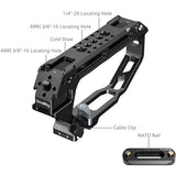 Black SmallRig camera handle grip with labeled callouts showing locating holes, a cold shoe, cable clip, and NATO rail on a white background.
